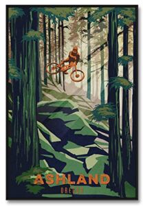 Ashland Oregon Mossy Rock Downhill Mountain Biker Professionally Framed Giclee Archival Canvas Wall Art for Home & Office by Illustrator Sassan Filsoof 30″ x 45″