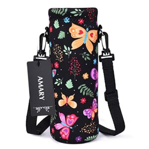 AMARY 1000ML Neoprene Water Bottle Carrier Bag with Adjustable Shoulder Strap,Insulated Water Bottle Cover for Stainless Steel/Glass/Plastic Bottles 34OZ (Butterfly-3)