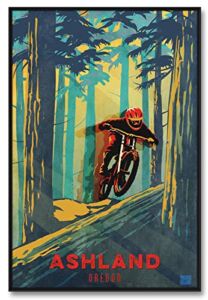Ashland Oregon Forest Racer Downhill Mountain Biker Professionally Framed Giclee Archival Canvas Wall Art for Home & Office by Illustrator Sassan Filsoof 30″ x 45″