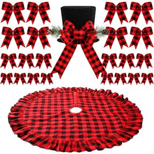 38 Pieces Christmas Black Tree Topper Hat with Red Buffalo Plaid Bow Xmas Red and Black Buffalo Plaid Bows 40 Inch Buffalo Plaid Christmas Tree Skirt Christmas Tree Topper for Holiday Decorations