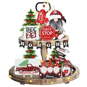 17 PCS Christmas Tiered Tray Decor, Merry Christmas Wooden Signs & Snowflake Gnomes Plush Christmas Decorations Set with LED String Lights, Farmhouse Rustic Tray Decor Items for Home Kitchen Table