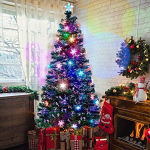 Juegoal 6 ft Pre-Lit Optical Fiber Christmas Artificial Tree, with LED RGB Color Changing Led Lights, Snowflakes and Top Star, Festive Party Holiday Fake Multicolored Xmas Tree with Durable Metal Legs