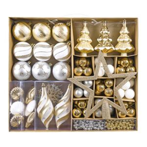 PartyBySam 90ct 30-120mm Christmas Ball Ornaments,Elegant White and Gold Shatterproof Christmas Tree Ornaments for Christmas Decorations, Value Pack