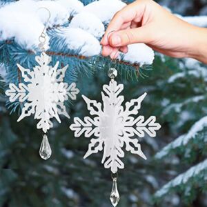 White Christmas Snowflake Ornaments – 8Pcs Plastic 3D Glitter White Snowflake Ornaments with Crystal Pendant and Hook for Christmas Tree Decorations Winter Wonderland Frozen Birthday Party Supplies