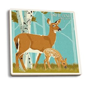 Ashland, Oregon, Deer and Fawn, Letterpress (Absorbent Ceramic Coasters Set of 4 Matching Images, Cork Back, Kitchen Table Decor)