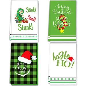Christmas Kitchen Towels Stink Stank Stunk Hand Towels Merry Christmas Decorative Xmas Absorbent Dish Towels Winter Holiday Christmas Tree Home Decor for Cooking Baking Cleaning Set of 4