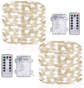 TingMiao Cool White Fairy Lights 33ft 100 LED String Lights Battery Operated with Remote Control Timer Waterproof Copper Wire Lights for Christmas DIY Decoration Wedding Party (2 Pack)