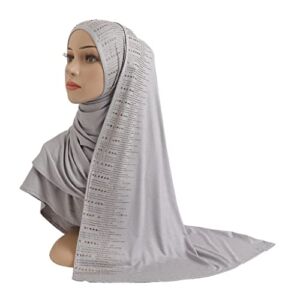 Hijab Scarf Cotton Jersey Long Scarf with Rhinestones Modal Headscarf Hijab Rectangular Headwrap Lady Shawl Full Cover Shawl Hat Full Neck Coverage (Color : Light Grey, Size : One Size)