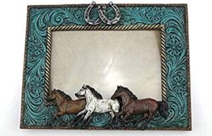 Comfy Hour Western Retro Collection Resin Art 6″x5″ Photograph Running Horses Horseshoes Photo Frame Blue