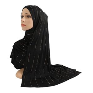Hijab Scarf Cotton Jersey Long Scarf with Rhinestones Modal Headscarf Hijab Rectangular Headwrap Lady Shawl Full Cover Shawl Hat Full Neck Coverage (Color : Black, Size : One Size)