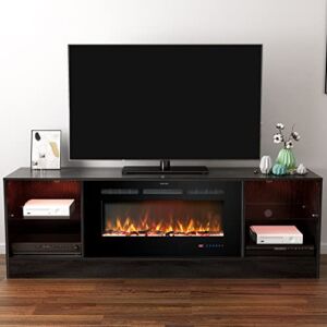 Kentsky Fireplace 72″ TV Stand, Entertainment Center with 36″ Electric Fireplace, LED Light Wood Storage Cabinet Table, Media Console for TVs Up to 80″, Thermostat, 13 Flame Colors, Black