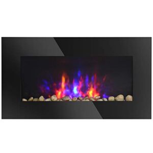 HOMCOM 28.5″ 1500W Electric Wall-Mounted Fireplace with Flame Effect, 7 Color Background Light and Side Light, Black