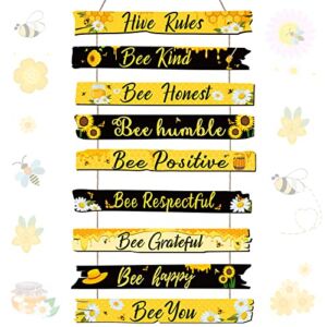 Jetec Bee Sign Hive Rules Bee Wall Decor Plaque Bee Gift Humble Bee Decor Christmas Bee Ornament for Xmas Home Spring Daisy Sunflower Decorations for Living Room Rustic Kitchen Decor (Black, Yellow)