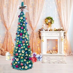 Pop Up Christmas Tree, 5FT Collapsible Artificial Christmas Tree with 40 LED Multicolor Lights, Tinsel Pencil Christmas Tree with Ball Bowknot Gift Box for Indoor, Party, Xmas, Home,Office Decor