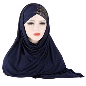 Muslim Hijab for Women Women Soft Silk with Sequins Hijab Headwrap Headscarf Turban Hat Cap Headwear Hijab (Color : Navy Blue, Size : One Size)