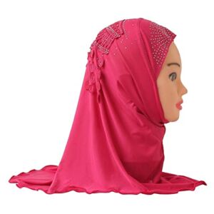 Muslim Hijab for Women Beautiful Small Girl Hijab with Lace On Back Fit 2-6 Years Old Kids Pull On Islamic Scarf Head Wrap Hijab (Color : Hot Pink, Size : One Size)