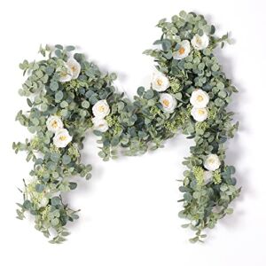 PARTY JOY 6.56ft Eucalyptus Garland with Flowers-8 White Roses, Artificial Fake Flowers Greenery Garland Floral Vines for Decoration Party Wedding Table Indoor Outdoor Backdrop Wall Decor(White)