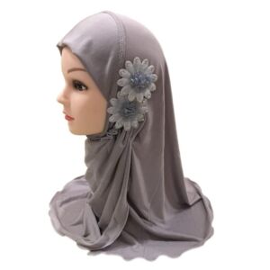 Muslim Hijab for Women Beautiful Small Girl Hijab with Flowers Fit 2-7 Years Old Kids Pull On Scarf Headscarf Hijab (Color : Gray, Size : One Size)