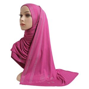 Muslim Hijab for Women Cotton Jersey Long Scarf with Rhinestones Modal Headscarf Hijab Shawl Rectangular Headwrap Lady Shawl Hijab (Color : Magenta, Size : One Size)