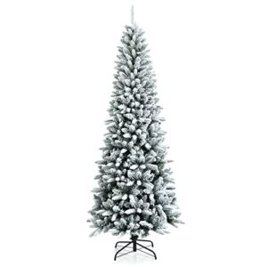 Goplus 7.5ft Snow Flocked Pencil Christmas Tree, Hinged Artificial Slim Xmas Tree W/ 1189 Branch Tips, Folding Metal Stand, Premium PE & PVC Material, Unlit Snowy Pine Tree for Indoor Home Office