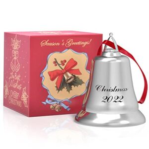 UUC 2022 Christmas Bell Ornaments, Christmas Sleigh Bells, Large Silver Engraved Bells for Annual Christmas Tree Holiday Home Hanging Decoration, Come in a Gift Box Perfect for Gifts, Silver02