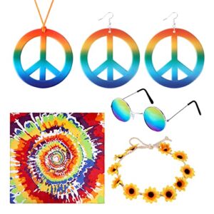 KINBOM Hippie Costume Set for Women, Sunglasses, Peace Sign Earrings and Necklace Flower Headband Hippie Hijab 70s Party Accessories Women 70’s Women’s Accessories for 60s 70s Party