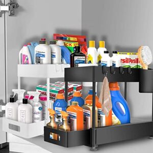 2-Tier Pull Out under sink organizers and storage, Multi-purpose kitchen organization bathroom organizer with Hooks, Hanging Cup (Black&White)