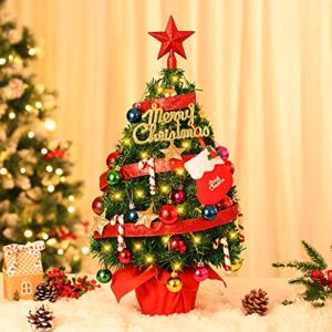 22’’ Tabletop Mini Christmas Tree Set with 50 LED Lights, Red Star Treetop and 39 Christmas Tree Ornaments for DIY Christmas Decorations (Battery Operated)