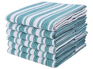Waffle Stripe Kitchen Towel, 100% Cotton Quick Dry Tea Towels, Bar Towels, Highly Absorbent, Cleaning Towels, Kitchen Tea Towels, Pure Cotton, Absorbent Dish Cloth – 18×28 Inch – Teal White