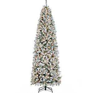 Yaheetech 9ft Pre-lit Snow Flocked Pencil Christmas Tree Kingswood Fir Hinged Slim Skinny Corner Xmas Tree Holiday Decoration with 350 Incandescent Warm White Lights & 1086 Snow Branch Tips, White