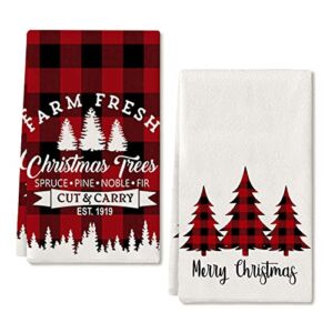 Christmas Dish Towels for Christmas Decor Red Buffalo Plaid Tree Kitchen Towels 18×26 Inch White Noel Tree Washcloths Seasonal Ultra Absorbent Bar Drying Hand Towel for Cooking Set of 2