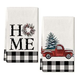 Christmas Dish Towels for Christmas Decor Buffalo Plaid Kitchen Towels 18×26 Inch Xmas Wreath Washcloths Seasonal Ultra Absorbent Bar Drying Noel Home Hand Towel for Cooking Set of 2