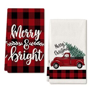 Christmas Dish Towels for Christmas Decor Red Black Buffalo Plaid Kitchen Towels 18×26 Inch Noel Red Truck Washcloths Seasonal Ultra Absorbent Bar Drying Merry Bright Hand Towel for Cooking Set of 2