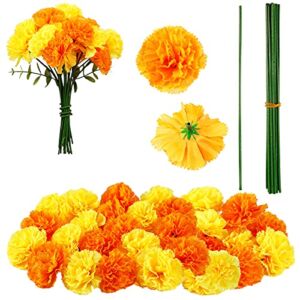 Artificial Marigold Bunch Fake Marigold Bunch Halloween Artificial Marigold Flowers with Stem for Birthday Party Diwali Halloween Party Decoration(Gold and Orange,20 Pieces)