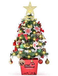 Mini Christmas Tree, 20”/50cm Artificial Tabletop Christmas Tree with LED String Lights & Ornaments DIY Xmas Pine Tree for Holiday Home Office Festival Christmas Decoration