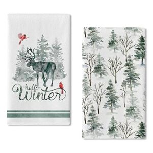 Seliem Hello Winter Watercolor Pine Trees Kitchen Dish Towel Set of 2, Cardinal Reindeer Blue Grey Hand Drying Baking Cooking Cloth, Red Bird Farmhouse Snow Holiday Decor Home Decoration 18 x 26 Inch