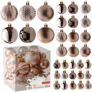 Prextex Christmas Ball Ornaments for Xmas Decorations (Champagne) | 36 pcs Xmas Tree Shatterproof Ornaments with Hanging Loop for Holiday, Wreath and Party Decorations (Combo of 6 Styles in 3 Sizes)
