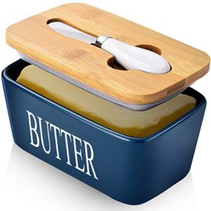 AISBUGUR Large Butter Dish with Lid Ceramics Butter Keeper Container with Knife and High- quality Silicone Sealing Butter Dishes with Covers Good Kitchen Gift Blue