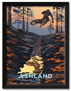 Ashland Oregon Puddle Jump Mountain Biker Professionally Framed Art Print from Illustration by Illustrator Sassan Filsoof Framed Art Size: 20″ x 26″