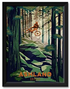 Ashland Oregon Mossy Rock Downhill Mountain Biker Professionally Framed Art Print from Illustration by Illustrator Sassan Filsoof Framed Art Size: 20″ x 26″