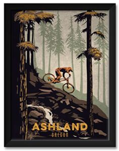 Ashland Oregon Rock Waterfall Downhill Mountain Biker Professionally Framed Art Print from Illustration by Illustrator Sassan Filsoof Framed Art Size: 20″ x 26″