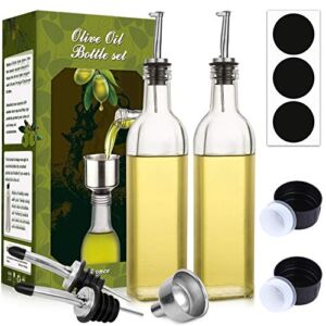 [2 PACK]AOZITA 17 oz Glass Olive Oil Dispenser Bottle Set – 500ml Clear Oil & Vinegar Cruet Bottle with Pourers, Funnel and Labels – Olive Oil Carafe Decanter for Kitchen
