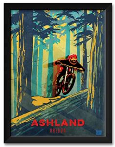 Ashland Oregon Forest Racer Downhill Mountain Biker Professionally Framed Art Print from Illustration by Illustrator Sassan Filsoof Framed Art Size: 20″ x 26″