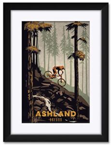 Ashland Oregon Rock Waterfall Downhill Mountain Biker Professionally Framed & Matted Art Print from Illustration by Illustrator Sassan Filsoof Framed Art Size: 18″ x 24″