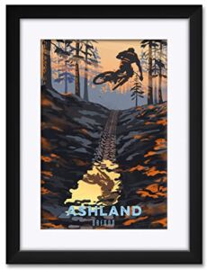 Ashland Oregon Puddle Jump Mountain Biker Professionally Framed & Matted Art Print from Illustration by Illustrator Sassan Filsoof Framed Art Size: 18″ x 24″