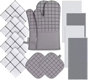 Oven Mitts and Pot Holders Set with Kitchen Towels and Dishcloths, 500 Degree Heat Resistant Oven Gloves and Hot Pads, Premium Soft Cotton Kitchen Hand Towels and Dish Cloth Sets Hanging Loop Gray