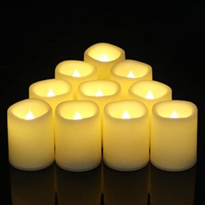 DRomance Flameless Votive Candles with 6 Hour Timer, Battery Operated Ivory LED Flickering Small Pillar Tealight Candles Bulk 1.5″ D x 2″ H Set of 10 Warm Light Indoor Wedding Christmas Holiday Decor