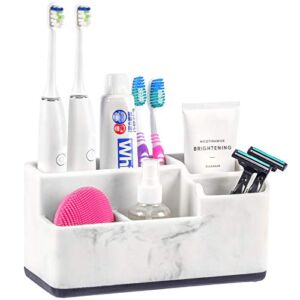 Vitviti Toothbrush Holder for Bathroom, Bathroom Storage Organizer, Small Counter Stand Accessories, for Toothpaste/Vanity Countertop, 5 Compartments Drainage Organization, White Resin of Marble Color