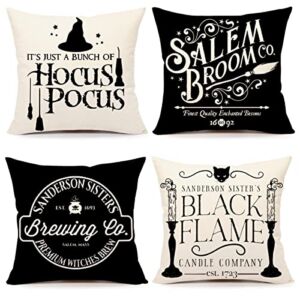 Halloween Decor Pillow Covers 18×18 Set of 4 Halloween Decorations Hocus Pocus Farmhouse Saying White Black Outdoor Fall Pillows Decorative Throw Cushion Case for Home Couch TH118-18