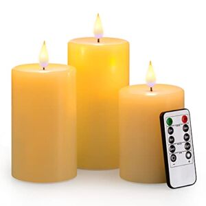 Realistic Candles Set of 3, Flameless Real Wax Top Flat 3D Blue Wick Ivory Candles with Remote, Size D: 3” x H: 4” 5” 6”, 2H 4H 6H 8H Timer, Flicker, Dimmer, Run by 2 AA Battery(Not Included)